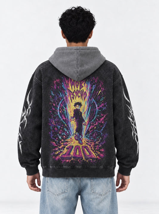 Mob Psycho 100 Soft Black and Grey Washed Hoodie on model, back view