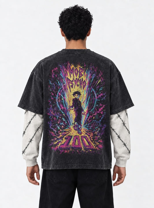Mob Psycho 100 Soft Washed Double Sleeves T-Shirt on model, back view