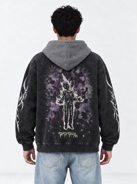 Mob Psycho 100 Streetwear Black and Grey Washed Hoodie on model, back view
