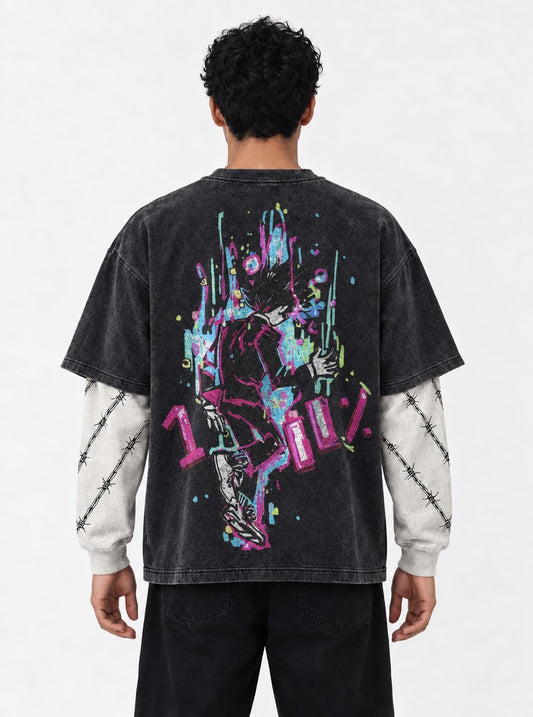 Mob Psycho 100 Streetwear Washed Double Sleeves T-Shirt on model, back view