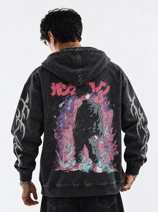 Mob Psycho 100 Streetwear Washed Hoodie on model, back view
