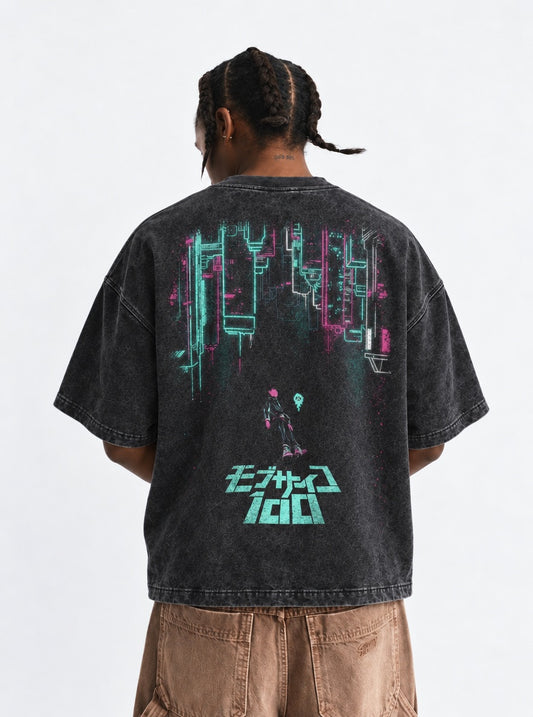 Mob Psycho 100 Streetwear Washed T-Shirt on model, back view