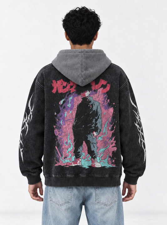 Mob Psycho 100 Urban Black and Grey Washed Hoodie on model, back view