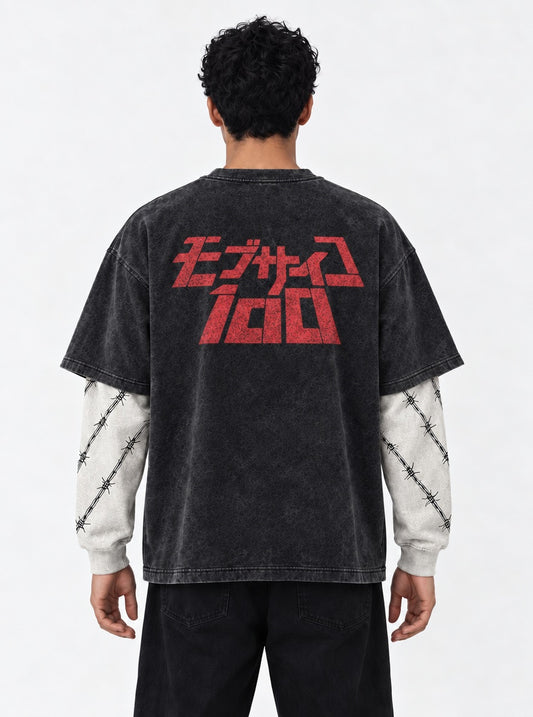 Mob Psycho 100 Urban Washed Double Sleeves T-Shirt on model, back view