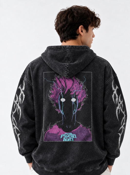 Mob Psycho 100 Urban Washed Hoodie on model, back view