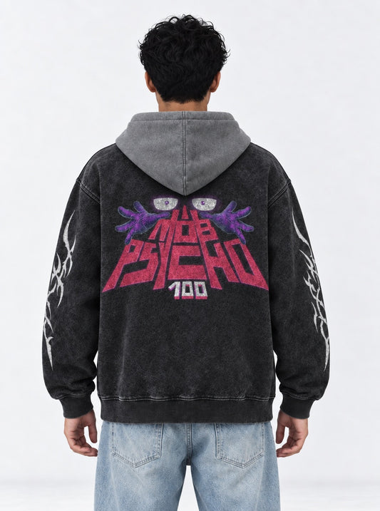 Mob Psycho 100 Vintage Black and Grey Washed Hoodie on model, back view