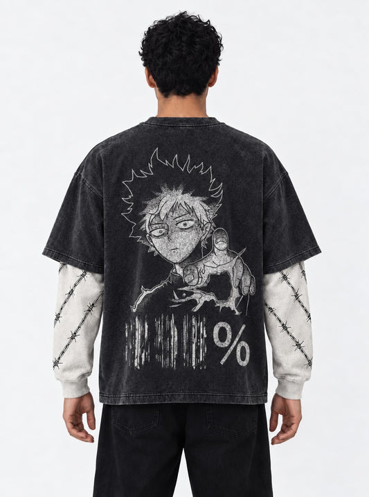 Mob Psycho 100 Vintage Washed Double Sleeves T-Shirt on model, back view