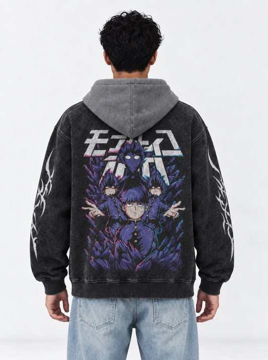 Mob Psycho 100 Washed Black and Grey Washed Hoodie on model, back view