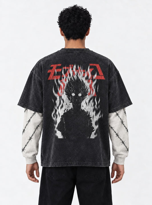 Mob Psycho 100 Washed Washed Double Sleeves T-Shirt on model, back view