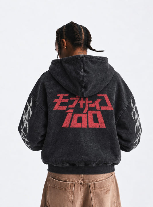 Mob Psycho 100 Washed Washed Hoodie on model, back view