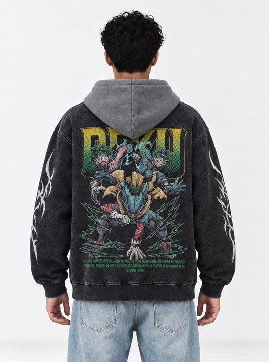 My Hero Academia Bold Black and Grey Washed Hoodie on model, back view