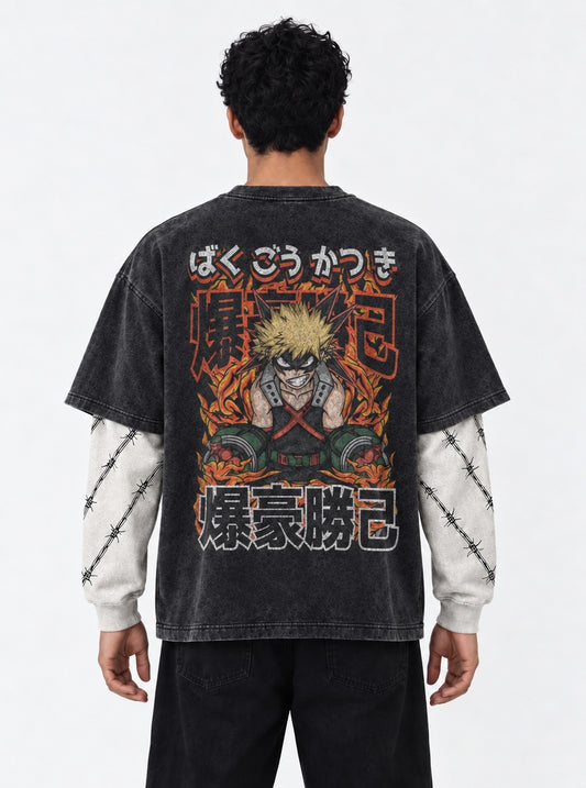 My Hero Academia Bold Washed Double Sleeves T-Shirt on model, back view