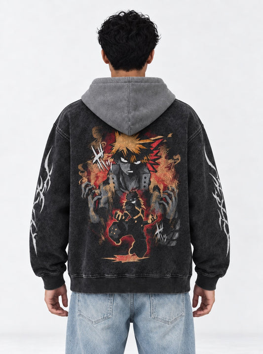My Hero Academia Classic Black and Grey Washed Hoodie on model, back view