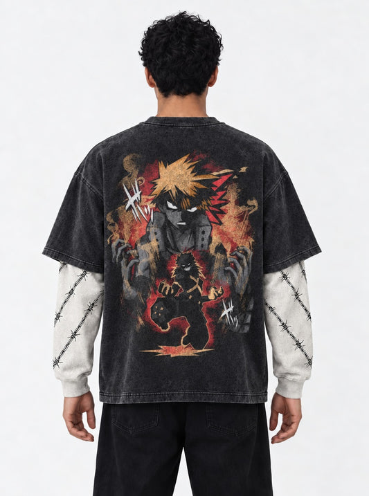 My Hero Academia Classic Washed Double Sleeves T-Shirt on model, back view