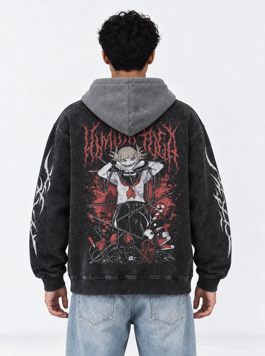 My Hero Academia Clean Black and Grey Washed Hoodie on model, back view