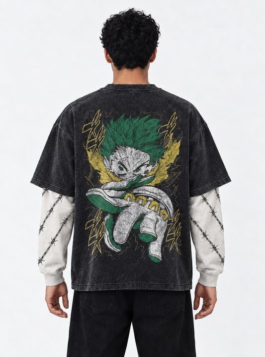 My Hero Academia Clean Washed Double Sleeves T-Shirt on model, back view