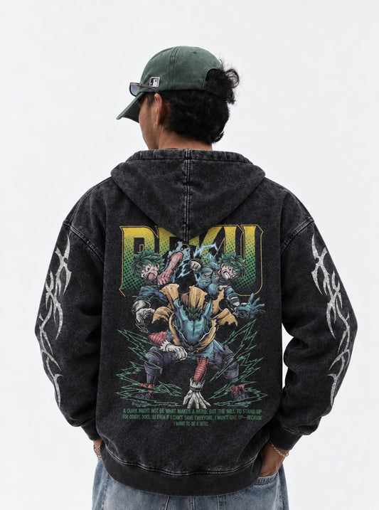 My Hero Academia Clean Washed Hoodie on model, back view