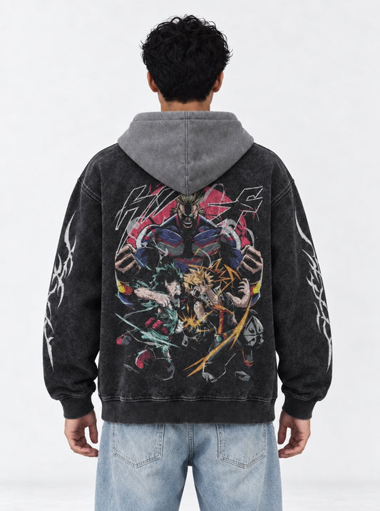 My Hero Academia Comfortable Black and Grey Washed Hoodie on model, back view