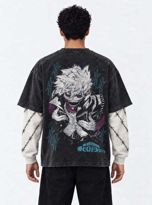 My Hero Academia Comfortable Washed Double Sleeves T-Shirt on model, back view