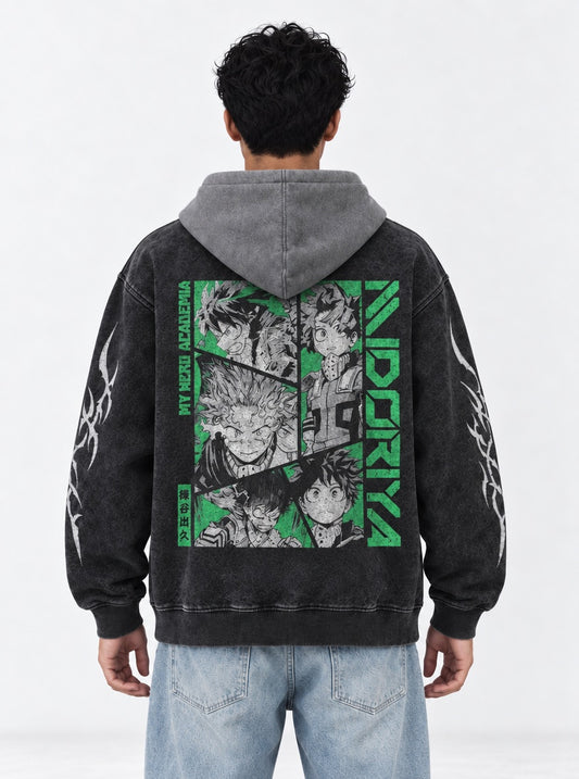 My Hero Academia Cozy Black and Grey Washed Hoodie on model, back view