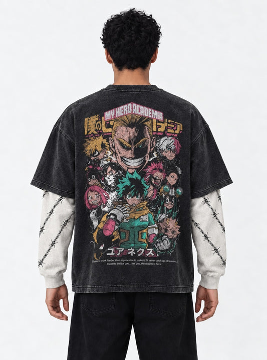 My Hero Academia Cozy Washed Double Sleeves T-Shirt on model, back view