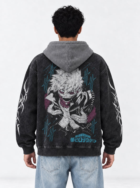 My Hero Academia Distressed Black and Grey Washed Hoodie on model, back view