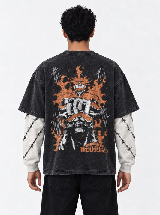 My Hero Academia Distressed Washed Double Sleeves T-Shirt on model, back view