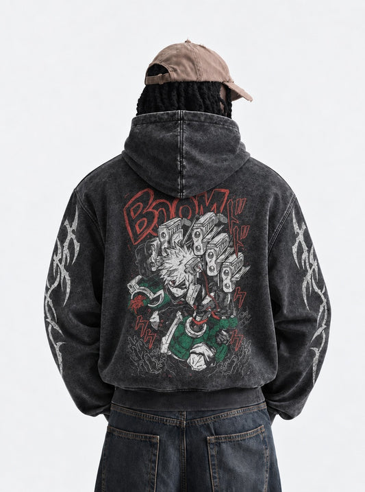 My Hero Academia Distressed Washed Hoodie on model, back view