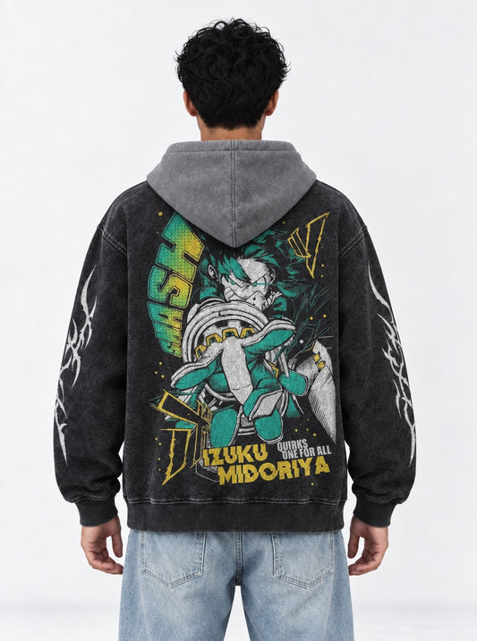 My Hero Academia Essential Black and Grey Washed Hoodie on model, back view