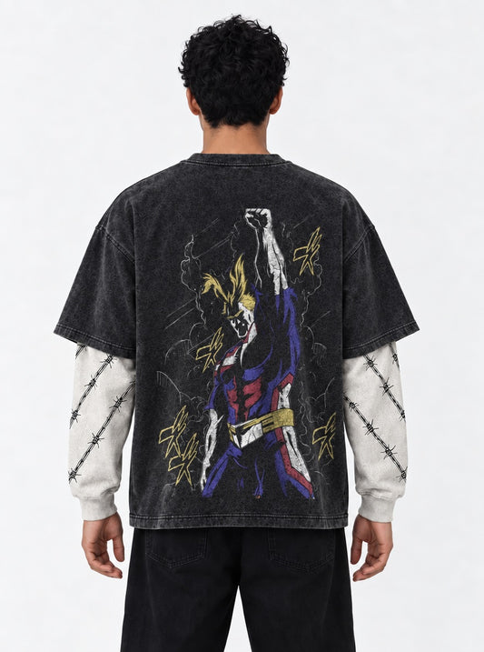 My Hero Academia Essential Washed Double Sleeves T-Shirt on model, back view