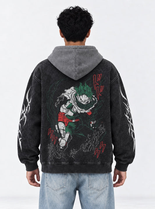 My Hero Academia Everyday Black and Grey Washed Hoodie on model, back view