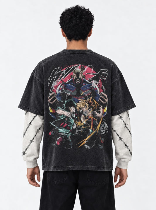 My Hero Academia Everyday Washed Double Sleeves T-Shirt on model, back view