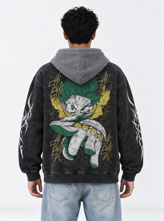 My Hero Academia Faded Black and Grey Washed Hoodie on model, back view