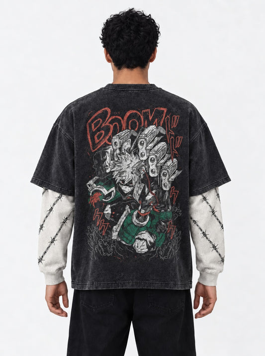 My Hero Academia Faded Washed Double Sleeves T-Shirt on model, back view