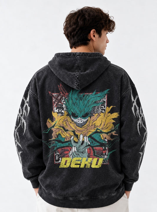 My Hero Academia Faded Washed Hoodie on model, back view