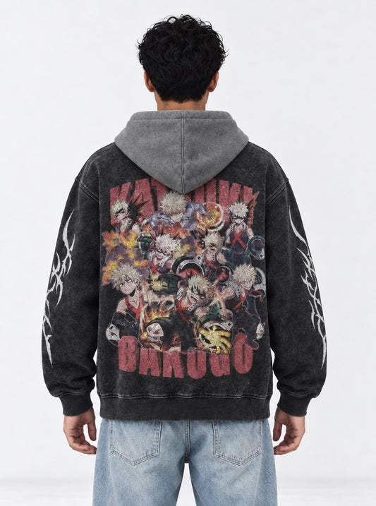 My Hero Academia Graphic Black and Grey Washed Hoodie on model, back view