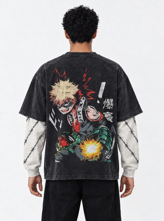 My Hero Academia Graphic Washed Double Sleeves T-Shirt on model, back view