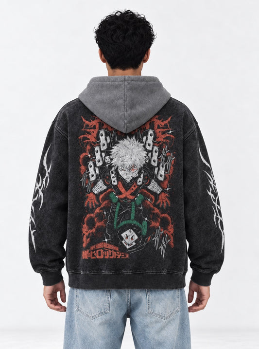 My Hero Academia Heavyweight Black and Grey Washed Hoodie on model, back view
