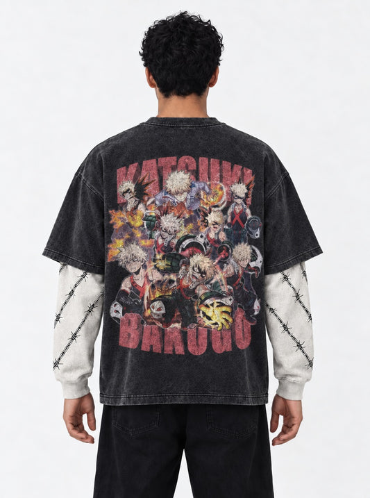 My Hero Academia Heavyweight Washed Double Sleeves T-Shirt on model, back view