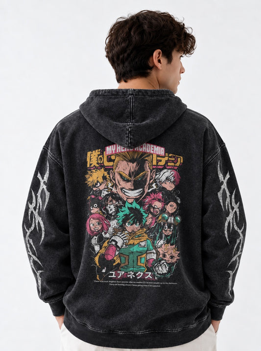 My Hero Academia Heavyweight Washed Hoodie on model, back view