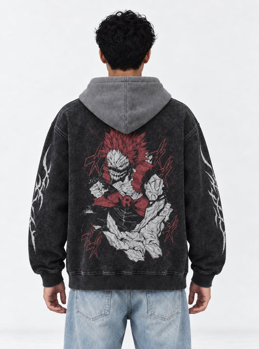 My Hero Academia Lightweight Black and Grey Washed Hoodie on model, back view