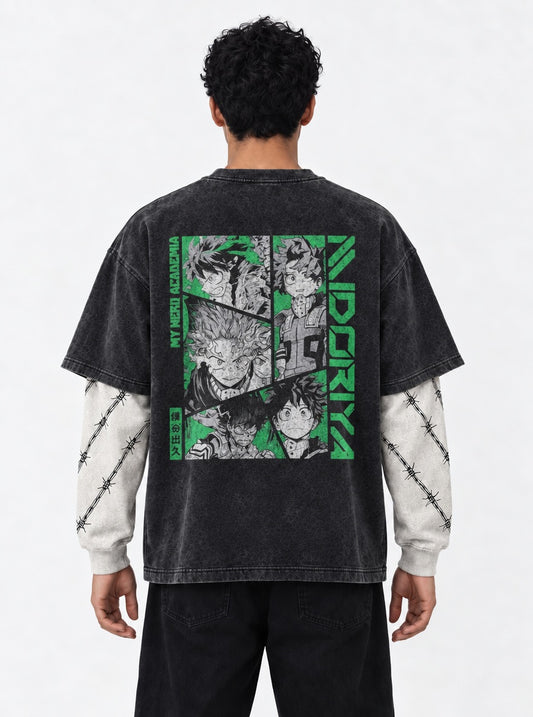 My Hero Academia Lightweight Washed Double Sleeves T-Shirt on model, back view