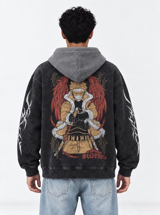 My Hero Academia Luxe Black and Grey Washed Hoodie on model, back view