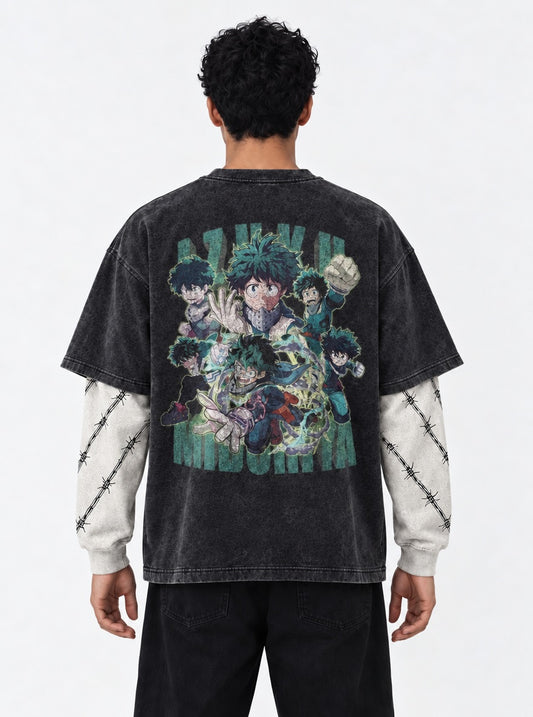 My Hero Academia Luxe Washed Double Sleeves T-Shirt on model, back view