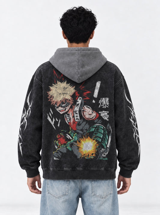 My Hero Academia Minimal Black and Grey Washed Hoodie on model, back view