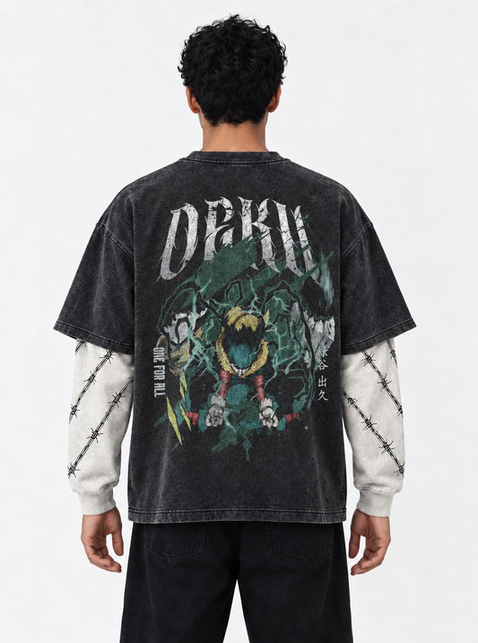 My Hero Academia Minimal Washed Double Sleeves T-Shirt on model, back view