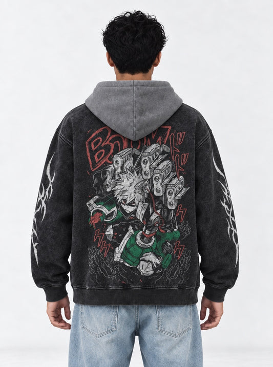 My Hero Academia Modern Black and Grey Washed Hoodie on model, back view