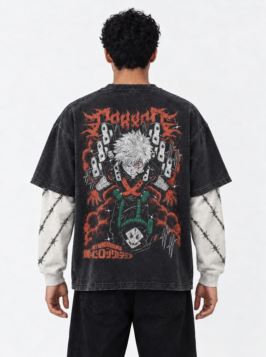 My Hero Academia Modern Washed Double Sleeves T-Shirt on model, back view