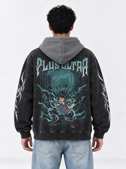 My Hero Academia Oversized Black and Grey Washed Hoodie on model, back view