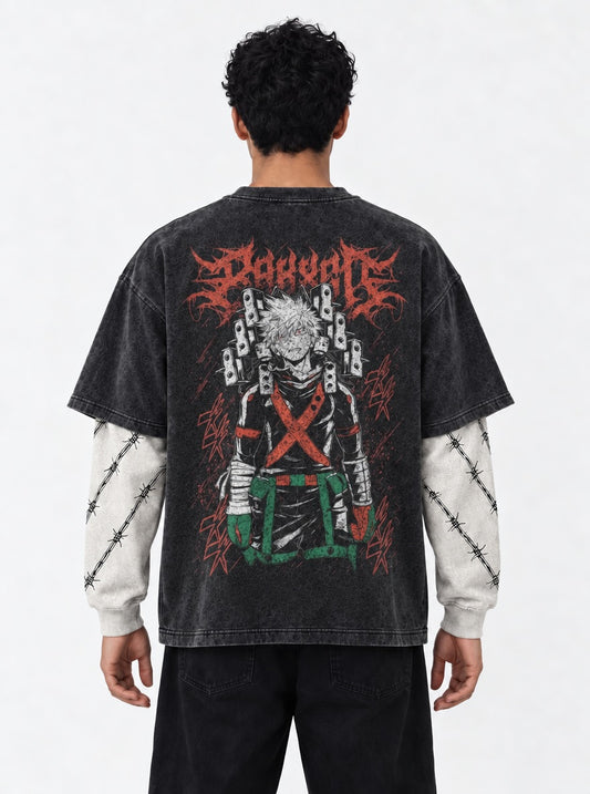 My Hero Academia Oversized Washed Double Sleeves T-Shirt on model, back view